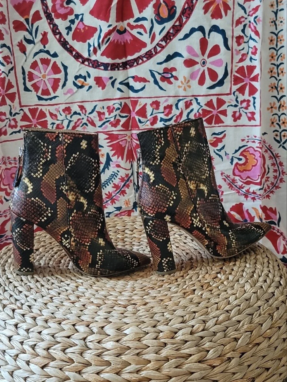 Steve Madden Black and Brown Snake-Print Ankle Boots